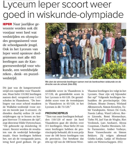 20 van de 100 beste West-Vlaamse leerlingen tijdens de Kangoeroewedstrijd voor w...